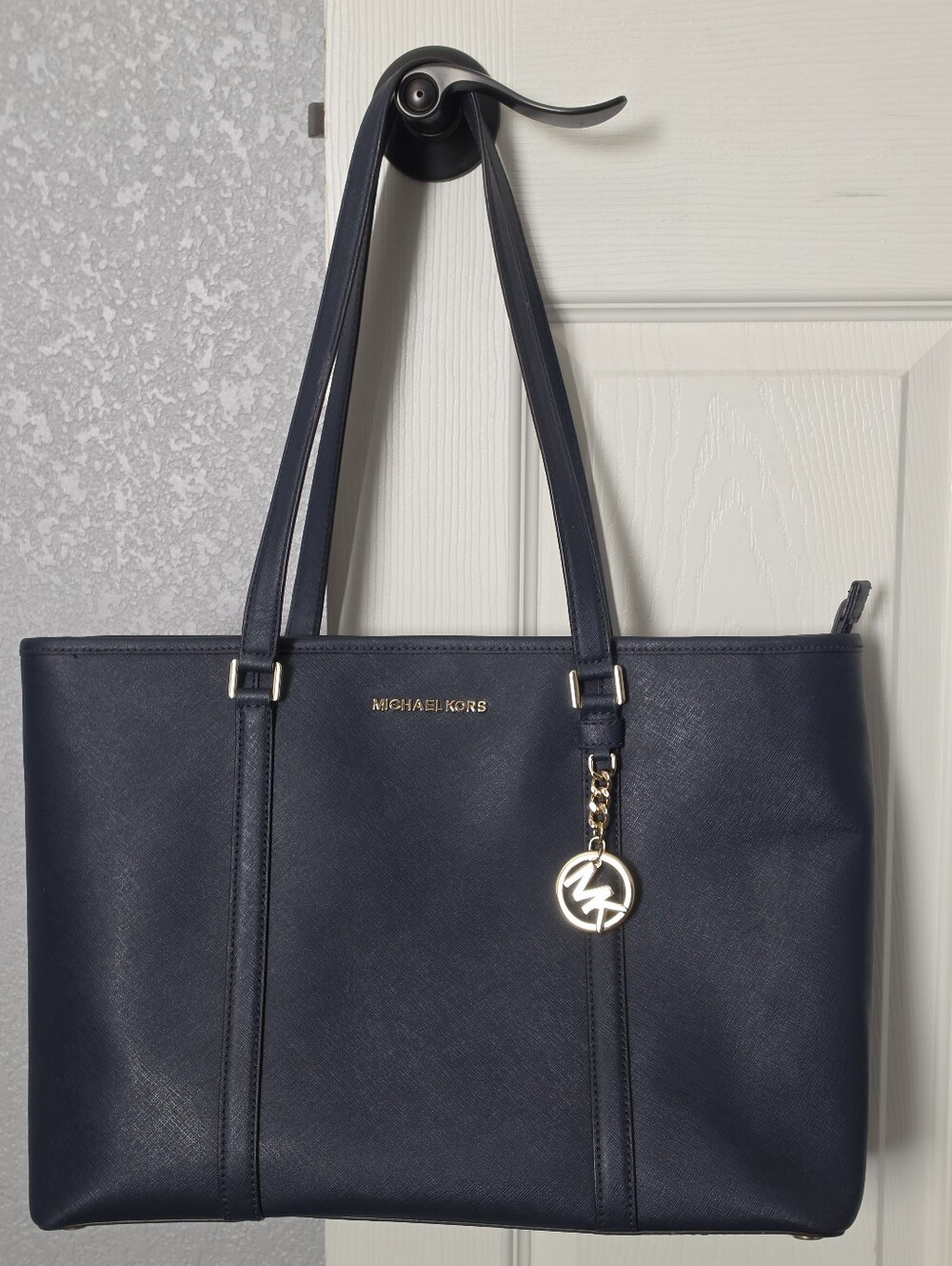 Michael Kors Navy Saffiano Leather Zip-Top Tote with Gold Charm